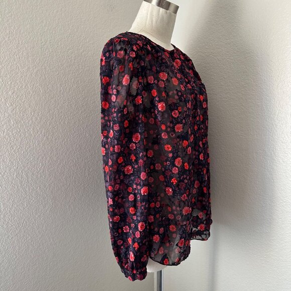 Rebecca Taylor Crash Velvet Floral Print Silk Blouse Sheer Lightweight Sz 10 - Picture 3 of 12